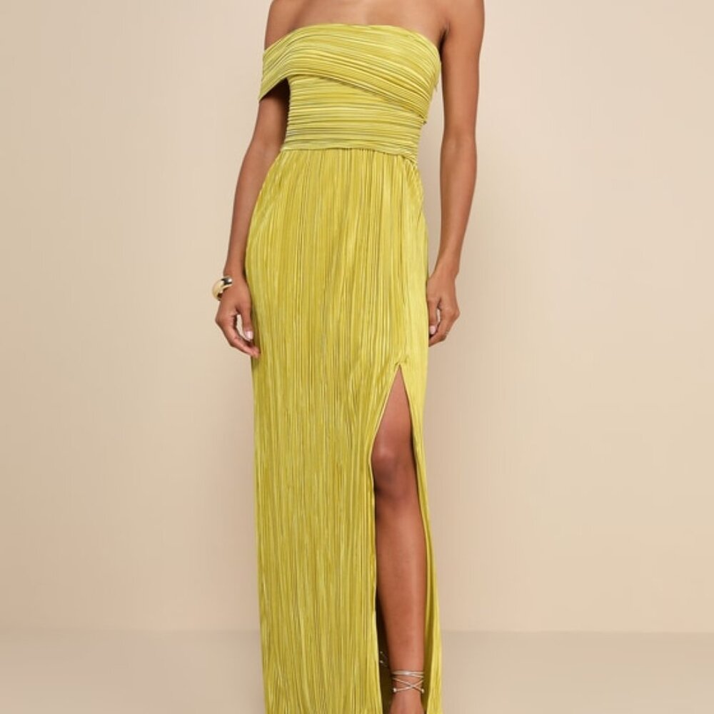 Lulus Poised Performance Chartreuse Plisse One-shoulder Maxi Dress Green
